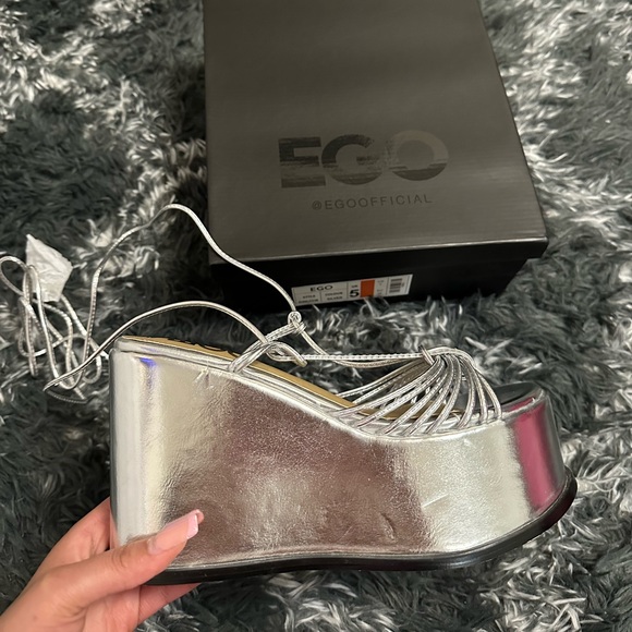 EGO Silver Lace Up Platform Wedges - Picture 3 of 5